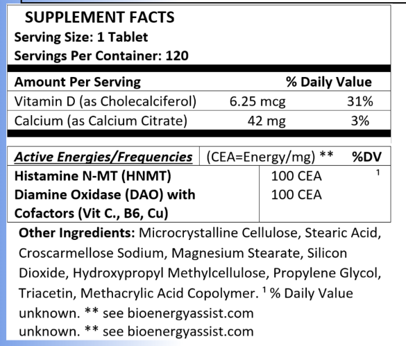 histamine SUPPLEMENT FACTS